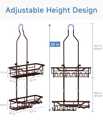 Upgraded Extended Length Shower Organizer with Hooks, Rustproof Shampoo Soap Holder, Large Hanging Bathroom Caddy, Brown - color: Brown