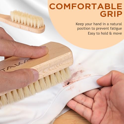 TAKAVU Laundry Brush Set, Soft Boar Bristle, Gentle on Delicate Fabrics | Stain Scrub Brush for Clothes, Upholstery, Delicate Knits, Cotton & Linen, Washable Spot & Garment Care Cleaner - color: White Boar