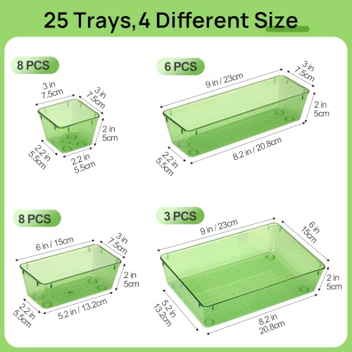 Vtopmart 25 PCS Clear Plastic Drawer Organizers Set, 4-Size Versatile Bathroom and Vanity Drawer Organizer Trays, Storage Bins for Makeup, Bedroom, Kitchen Gadgets Utensils and Office - color: Clear Green