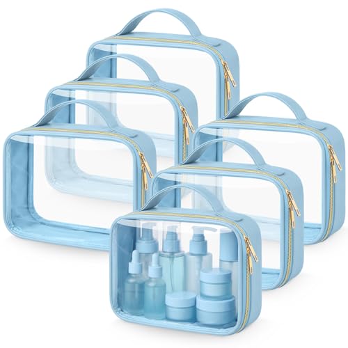 Abbylike 6 Pcs Clear Makeup Bags Bulk 7.9 x 5.9 x 2.4 Inches Quart Size Approved PU Leather Toiletry Bag with Handles Small PVC Clear Travel Cosmetic Case for Women Wedding Bridal Gifts(Blue) - color: Blue