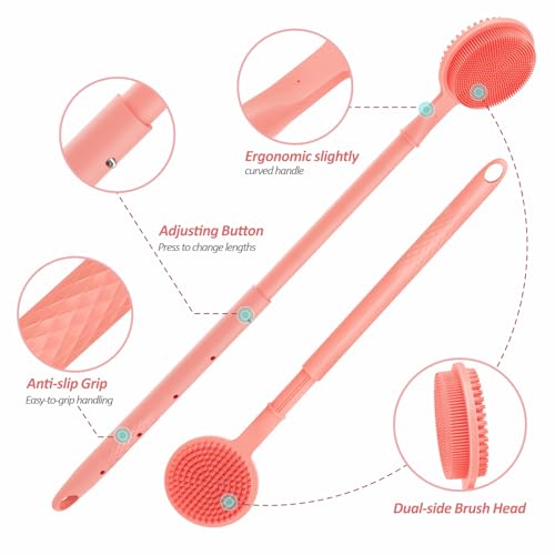 Soft Silicone Back Scrubber & Bath Glove 2PCS, 16''- 24'' Extendable Back Scrubber with Dual-Side Head, 360° Anti-Slip & Hand-fit Silicone Body Scrubber for Rich Foaming Deep Cleaning(Pink) - color: Pink*2