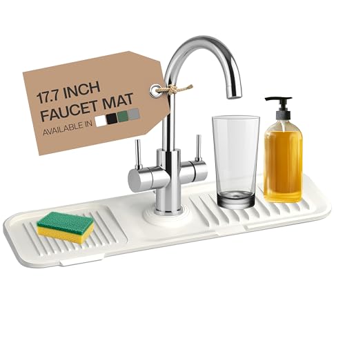 17 Inch Silicone Faucet Mat for Kitchen Sink Splash Guard & Draining Tray Sink Protector with Soap & Sponge Holder White (Purest Peak) - color: White, style: 17.7 Inch