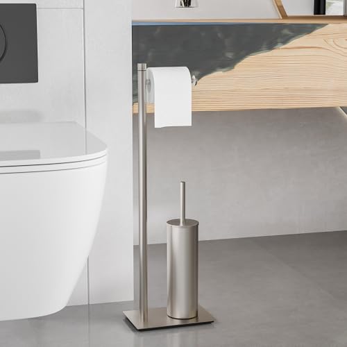 RUACQ Toilet Paper Holder Stand with Toilet Brush and Holder Set, 304 Stainless Steel Bathroom Toilet Tissue Paper Roll Holder Free Standing, Weighted Base, Heavy Duty (Brushed Nickel) - color: Brushed Nickel, size: Free standing