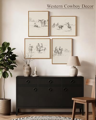 InSimSea 4 pcs Framed Wall Art, Vintage Sketch Western Cowboy Canvas Prints, Bathroom Bedroom Southwest Decor, Neutral Toned, Country Shelf Decor, Small Size,11x14in - color: Western Cowboy Sketch