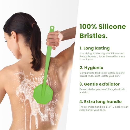 iTokGoK® Silver-Infused Silicone Back Scrubber with Long Handle Back Brush for Shower,Back Brush Long Handle for Men and Women,Ergonomic No-Slip Handle, Long-Lasting (Green) - color: Green