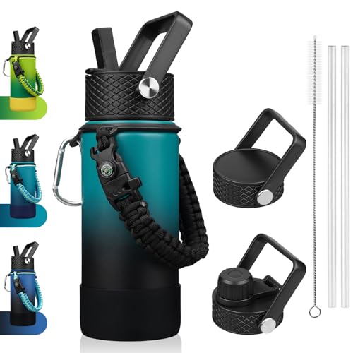 BJPKPK Water Bottle with Straw Lid, 18oz Insulated Water Bottles with 3 Lids, Paracord Handle & Non-slip Boot, Metal Stainless Steel Thermal Flasks, BPA Free Leak Proof Tumblers,Army Green & Black - color: Army Green & Black, size: 18 Ounces