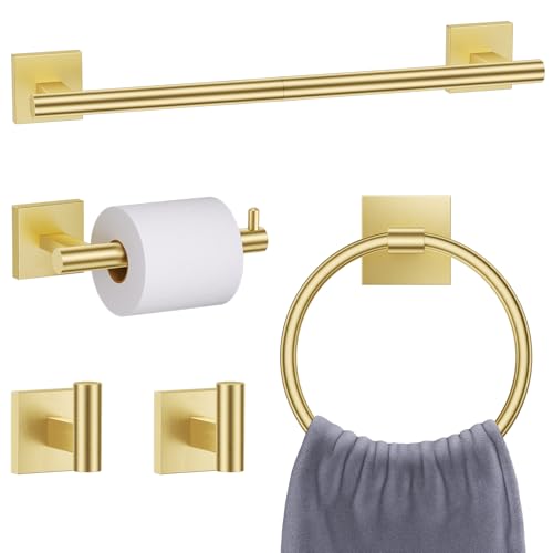 Brushed Gold Toilet Paper Holder Towel Bar Set, 5 Pieces Bathroom Hardware Accessories Set, 23.6 Inch Stainless Steel Towel Racks for Bathroom Wall Mounted - color: Brushed Gold, size: 5pieces A