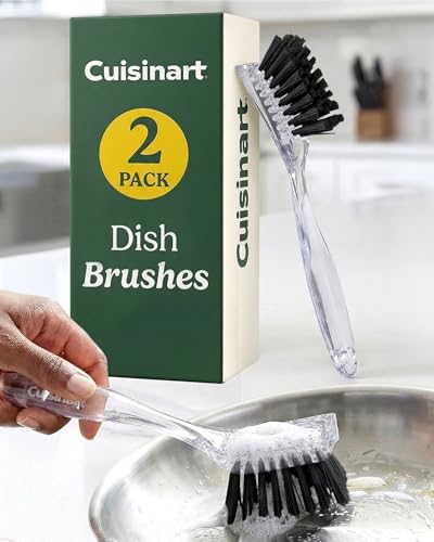 Cuisinart Dish Brush with Handle, 2 Pack, Firm Bristles | Multi-purpose dish scrubber for plates, pots, and pans, deep cleaning removes grease, safe for nonstick, built-in scraper - color: Rectangular- Black