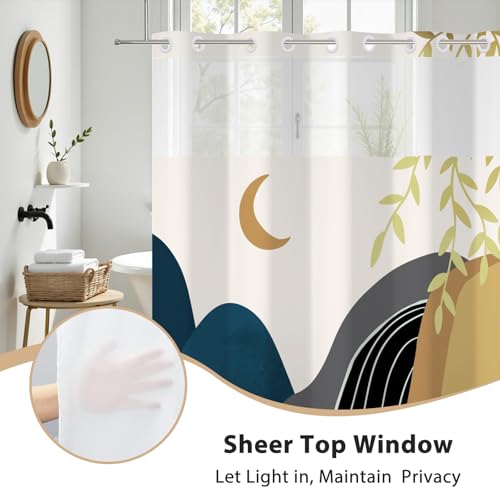 No Hook Shower Curtain Mid Century Boho with Snap in Liner, Hotel Grade Abstract Modern Shower Curtains Set for Bathroom, Spa Like Bath Curtain, Blue, 59" W x 79" L - color: 01 Mid Century - Blue, size: 59"W x 79"L (Pack of 1)