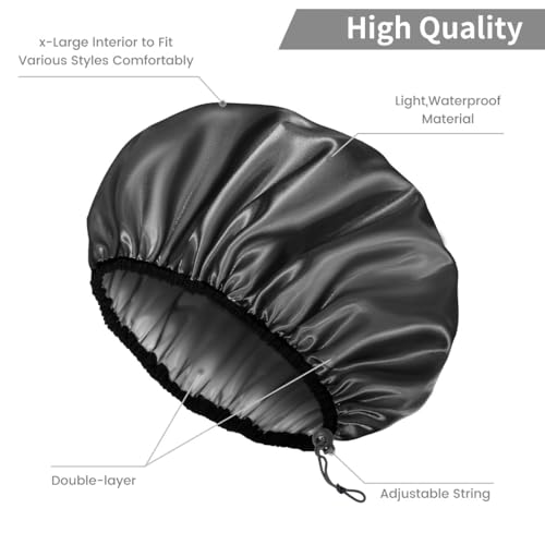 Auban Shower Cap for Women, Adjustable Reusable, Extra Large, Double-Layer Waterproof Bathing Cap, Waterproof Exterior, EVA Lining, Hair Cap for All Hair Lengths, 3 Balck Set - color: 3 Backs