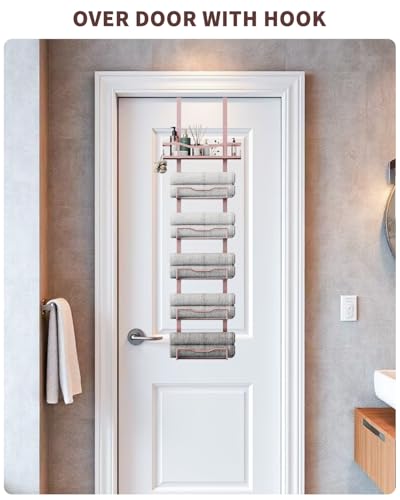 Hanging Towel Racks for Bathroom No Drill - 6-Tier Over The Door Bath Towel Storage Organizer for Small Bathrooms - Tiered Back of Door Towel Holder Hanger for Rolled Towels RV Camper Rose Gold - color: Rose Gold, size: 6 tier