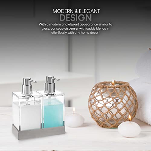 Modern Innovations Acrylic Twin Liquid Soap and Lotion Dispenser Set with Caddy - Double Soap Dispenser for Kitchen - Clear Soap Dispenser for Bathroom, Shampoo, Conditioner, Body Wash