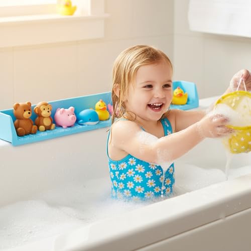 Silicone Bathtub Kids Splash Guard – Extra Long 2.6FT Play Shelf with 11 Strong Suction Cups, Toddler Bath Toy Tray & Caddy Holder, Water Spill Barrier for Bathroom, No Mess Fun Time – Blue