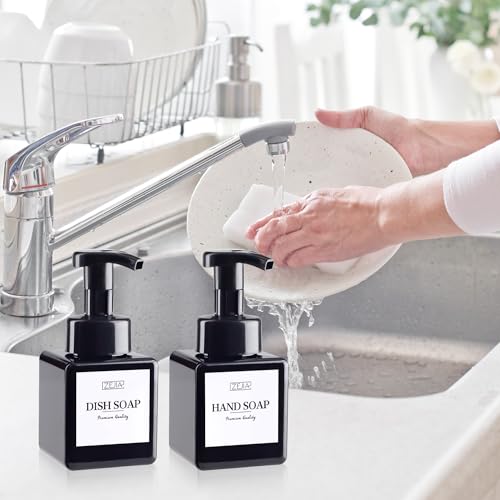 250ML Foaming Soap Dispenser, 2-Pack Plastic Hand Soap Dispenser, Refillable Leakproof Foam Pump Bottle with Waterproof Labels, for Shampoo, Body Wash - color: Black, size: 250ML