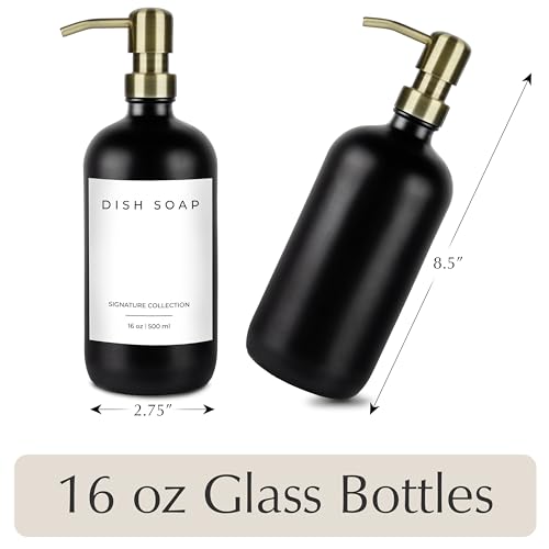 Emerson Soap Dispenser, Dish Soap Dispenser for Kitchen, Soap Dispenser Bathroom Set - Hand Soap Dispenser, Kitchen Soap Dispenser Set, Glass Soap Dispenser with Pump and Labels - 16 Oz, 2 Pack - color: 03 – Black / Brass