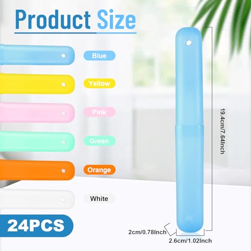 24 PCS Large Travel Toothbrush Holders, Portable Plastic Toothbrush Case, Travel Toothbrushes Storage Cases for Home, Business and Travel, 6 Assorted Colors, 0.79×1.02×7.64 Inch