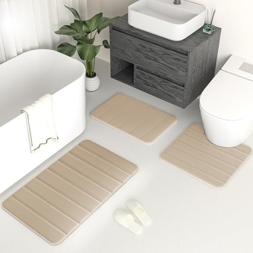 Bathroom Rugs Sets 3 Piece Memory Foam Bath Rugs,Non-Slip Bottom Bath Mat for Bathing,Showering,Machine Washable,Soft Toilet Mat,Beige - color: Beige