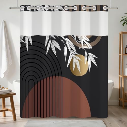 Boho Abstract No Hook Shower Curtain with Snap in Liner | 71x74 Inch, Black Mid Century Geometric Shower Curtains for Modern Bathroom, Waterproof Fabric with Mesh Top Window - color: Boho Black