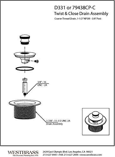Westbrass D3324-50 1-1/2" NPSM Pull & Drain Bathtub Plug, Coarse Thread, Powder Coat White - color: Powder Coat White