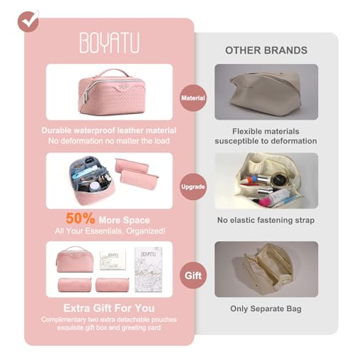 BOYATU Travel Makeup Bag Cosmetic Bags for Women: Large Capacity 3 Pcs Set Make up Bag with Compartments - Waterproof Vegan Leather Toiletry Organizer Bags with Handle (L04 Light Pink) - color: L04 Light Pink