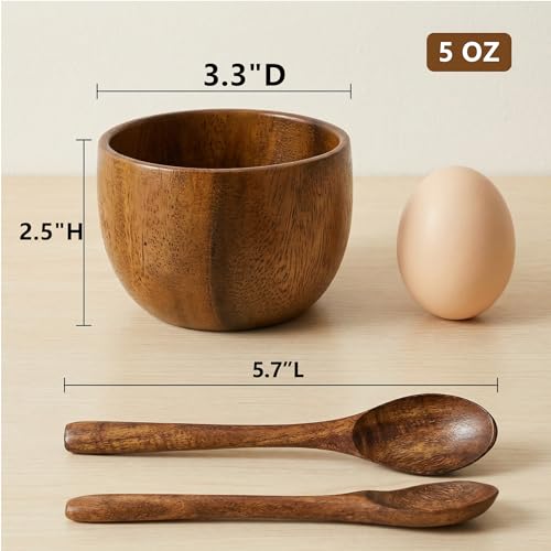 Lyellfe Set of 4 Acacia Wooden Bowl, 5 Oz Small Dipping Sauce Bowl with Spoon, 3 Inch Charcuterie Dish, Soup Water Cup for Condiments, Jam, Nuts, Appetizer, Snack, Yogurt