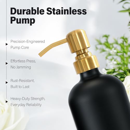 Prus Waso Black Soap Dispenser for Kitchen Sink, Hand and Dish Soap Dispenser with Stainless Steel Pump, Perfect for Gold Kitchen Accessories. (Gold & Black) - color: Hd Gold Pump & Black Bottle
