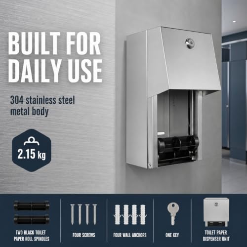 Commercial Toilet Paper Dispenser - 304 Stainless Steel Double Roll Holder - Heavy Duty Lockable Wall Mount Tissue Dispenser for Restroom - Metal Bathroom Fixtures