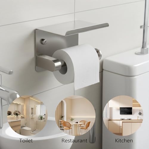 Toilet Paper Holder with Phone Shelf, Adhesive or Screw Wall Mount Toilet Tissue Roll Holder with 5 Stainless Hook,Rustproof and Bathroom Washroom Tissue Roll Holder with Storage Shelf - Silver