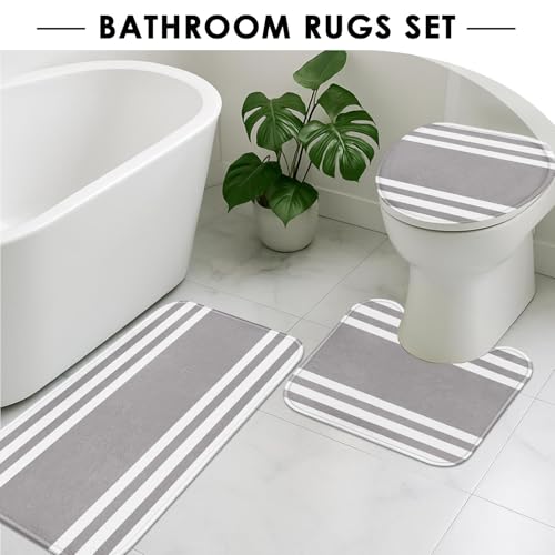 Striped Grey Shower Curtain Set with Toilet Lid Cover and Non-Slip Rugs for Bathroom, Minimalist Modern 4 Pcs Shower Curtain, Neutral Bathroom Set with 12 Hooks - color: Stripes Grey