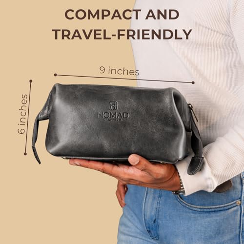 NomadCraftsCo. Premium Leather Travel Toiletry Bag for Men and Women, King-Size Dopp Kit with Waterproof Lining, Mens Toiletry Travel Bag - color: Charcoal Grey