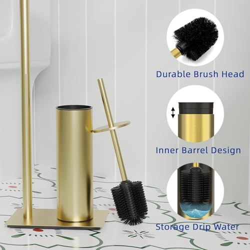 RUACQ Toilet Paper Holder Stand with Toilet Brush and Holder Set, 304 Stainless Steel Bathroom Toilet Tissue Paper Roll Holder Free Standing, Weighted Base, Heavy Duty (Brushed Gold) - color: Brushed Gold, size: Free standing
