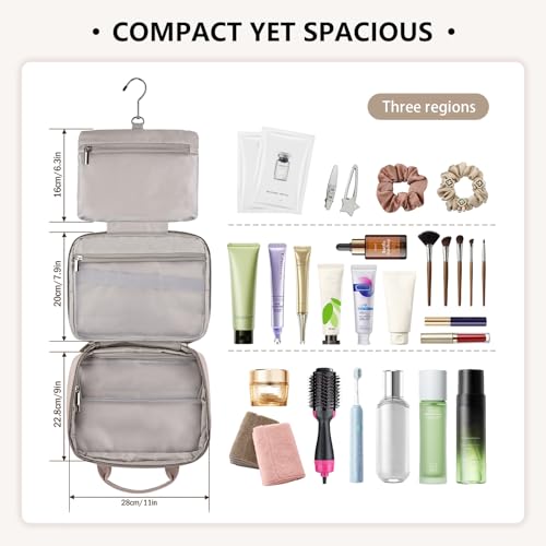 Greenfeather Hanging Toiletry Bag for Women, Compact 3-Layer PU Leather Organizer with Hook – Cosmetic & Makeup Travel Bag, Washable Waterproof EVA, Spacious Foldable Case for Weekend Trips - color: Warm Nude