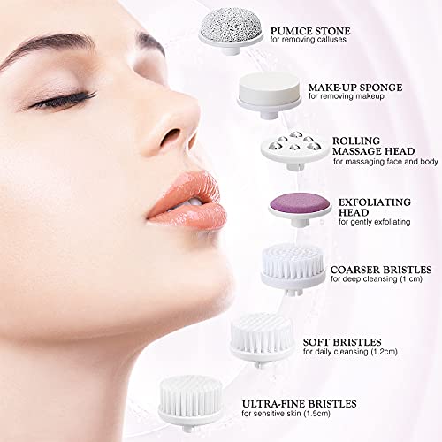 COSLUS Facial Cleansing Brush Silicone Face Scrubber: 7 in 1 FBS-D Electric Exfoliating Rotating Massage Device Waterproof Deep Cleaning Exfoliation Spa Machine - Electronic Skin Care Wash System - color: Pink, size: With 7 brush heads