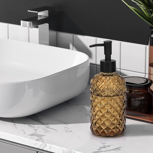 1 Pack 13.5oz Glass Soap Dispenser with Plastic Pump, Diamond Design Refillable Hand Soap Dispenser for Hand Wash, Bathroom and Kitchen (Amber) - color: Amber