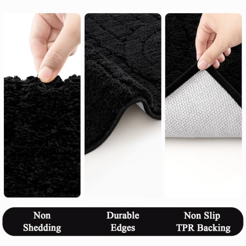 Vaukki Bathroom Rugs Sets 3 Piece, Black Washable Non Slip Soft Bath Mats for Shower and Tub, Plush Absorbent Microfiber Toilet Rug U Shaped, 32x20+26x18+24x20 Inch - color: Black, size: 18''x26''+20''x32''+20''x24''