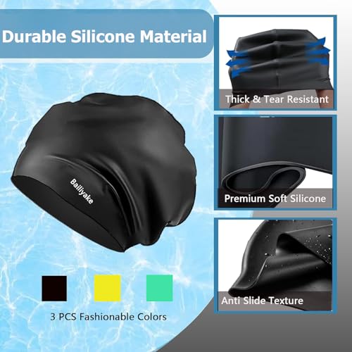 3 Pack Extra Large Swim Cap for Braids & Dreadlocks - Waterproof Silicone Swim Hat for Women with Long Thick Hair, Protective Swim Cap Cover Ears for Swimming, Shower, Bathing - color: Black+Green+Yellow
