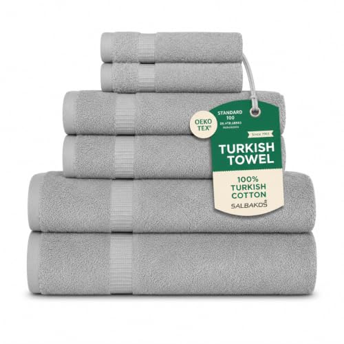 SALBAKOS 100% Turkish Cotton 6-Piece Towel Set | Premium Quality Hotel & Spa Collection | Soft, Super Absorbent 2 Washcloth, 2 Hand, 2 Bath Towel Sets | Made in Turkey (Silver, 6 Piece Towel Set) - color: Silver, size: 6 Piece Towel Set