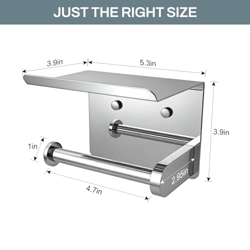 SetSail Toilet Paper Holder with Shelf Adhesive or Screw-in Bathroom Toilet Paper Roll Holders Wall Mount Heavy-Duty Tissue Holder for Bathrooms, Mirror Silver - color: Chrome, size: 1 Packs