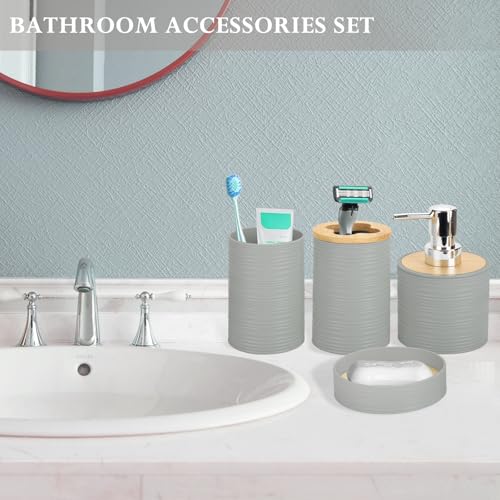 4 Pieces Bamboo Bathroom Accessories Set, Bathroom Accessory Set with Soap Dispenser and Toothbrush Holder, Soap Dish and Toothbrush Cup, Boho Bathroom Decor(Grey) - color: Grey