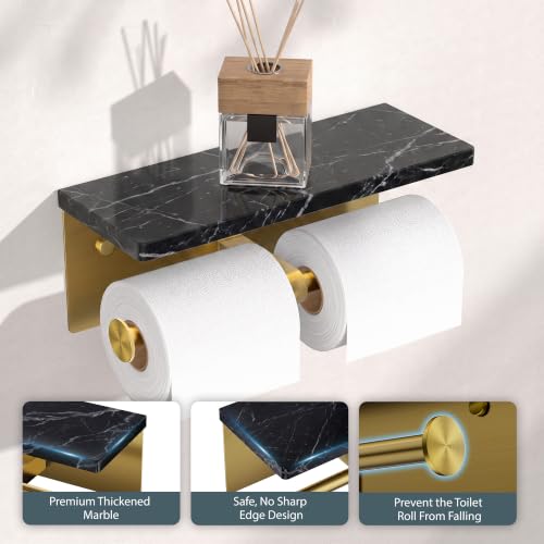 FORIOUS Double Toilet Paper Holder with Shelf, Wall Mount Tissue Roll Holder for Bathroom, 304 Stainless Steel Commercial Toilet Tissue Dispensers with Phone Shelf (1, Gold-Marble) - color: Gold-marble