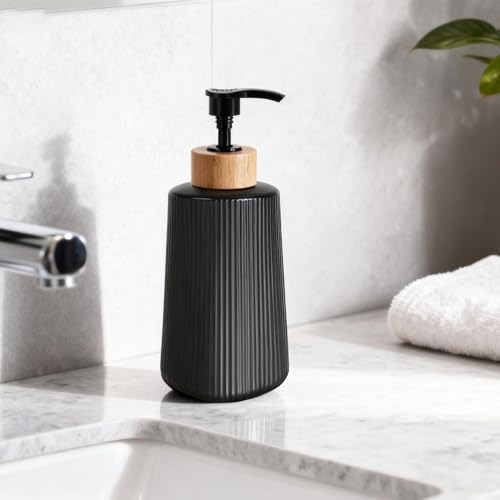 Glass Soap Dispenser, Thickened Glass Hand Soap Dispenser for Bathroom, Kitchen Dish Washing Liquid Bottles, Shampoo and Conditioner Bottles, Modern Farmhouse Style (Black, Set of 2, 12oz)