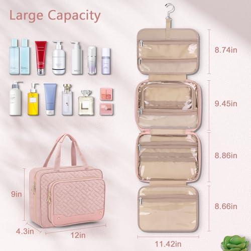 Wedama Toiletry Bag for Women, Hanging Travel Toiletry Bag with Jewelry Organizer Compartment Large Makeup Bag, PVC Waterproof Cosmetic Travel Bag for Travel Business Trips Camping Bathroom, Pink - color: Pink, size: Large, style: With Jewelry Organizer C