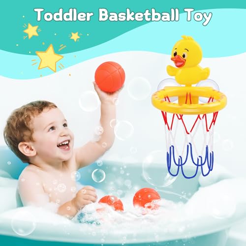 Bath Toys, Bathtub Basketball Hoop for Toddler Kids, 3 Soft No Hole Balls & Bath Basketball Hoop with Strong Suction Cup, Yellow Duck Baby Shower Bath Toys Set for Boys and Girls - style: Yellow Duck