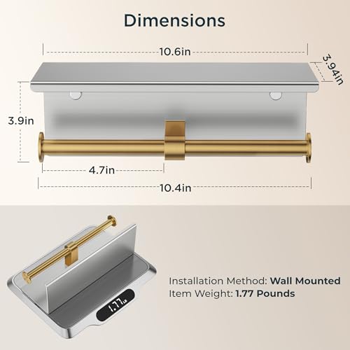 FORIOUS Double Toilet Paper Holder with Shelf, Wall Mount Tissue Roll Holder for Bathroom, 304 Stainless Steel Commercial Toilet Tissue Dispensers with Phone Shelf (1, Stainless Steel & Brushed Gold) - color: Stainless Steel & Brushed Gold