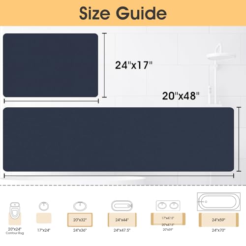 ACCUMTEK Non Slip Bath Mat, Thin Bathroom Rugs Fit Under Door, Quick Dry Bath Mats, Machine Washable Bath Rugs for Bathroom, Bathtub & Kitchen, Bathtub, Dark Blue/Solid/24 x17+48"x20" - color: Dark Blue, size: 24"x17"+48"x20"