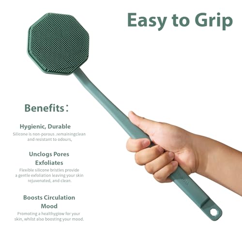 iTokGoK® Silver-Infused Silicone Back Scrubber with Long Handle Back Brush for Shower,Back Brush Long Handle for Men and Women,Ergonomic No-Slip Handle, Long-Lasting (Midnight Green) - color: Midnight Green
