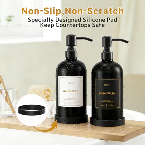 Kitchen Soap Dispenser Set – 16.8oz/500ml Glass Hand and Dish Soap Dispenser with Stainless Steel Pumps & Non-Slip Silicone Base, Luxury Countertop Decor for Home, Airbnb, Vacation Rental (Black) - color: Black & Black
