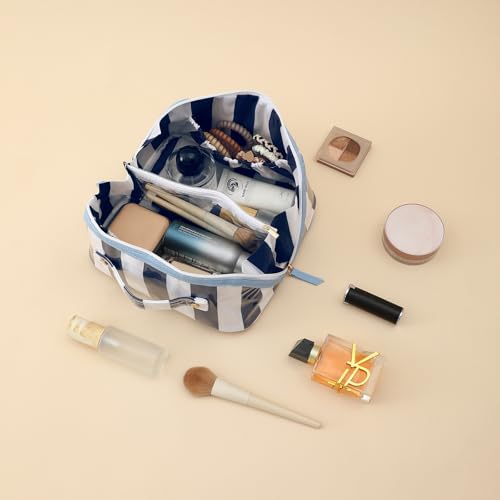 DYSHAYEN Stripe Travel Makeup Bag with Compartments Clear Coated Cosmetic Bag for Women, Waterproof Portable Open Flat Toiletry bag （White-Navy） - color: White-Navy