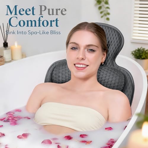 Bath Pillows for Tub, Comfortable Bathtub Cushion for Head and Neck with Soft 3D Mesh Fabric and 54 Non-Slip Suction Cups, Relaxing Tub and Shower Accessories Spa Gift Dark Gray Extra Thick - color: Dark Gray, size: Extra Thick
