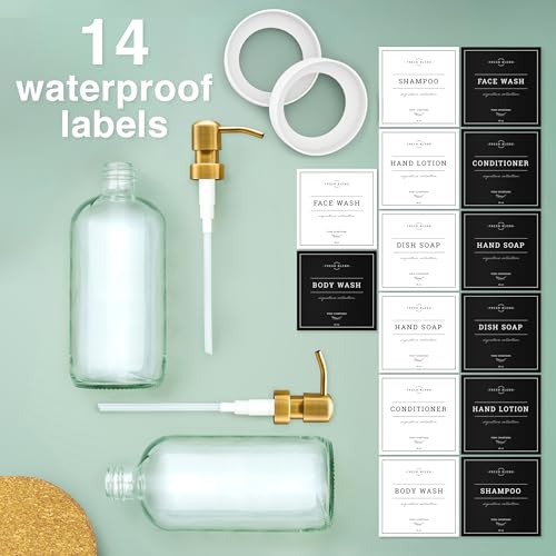 Vine Creations Glass Soap Dispenser, 2 Pack Kitchen Soap Dispenser Set with Stainless Steel Pump, 16 oz Dish Soap and Hand Soap Dispensers for Bathroom with Waterproof Labels (Clear) - color: Clear Bottle / Gold Pump